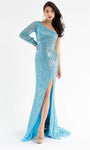 Long Sleeves One Shoulder Cocktail Sheath Natural Waistline Asymmetric Back Zipper Sequined Slit Fitted Sheath Dress/Evening Dress with a Brush/Sweep Train