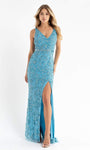 V-neck Natural Waistline Cocktail Floor Length Sheath Slit Hidden Back Zipper Open-Back Sequined Fitted Beaded Sleeveless Sheath Dress/Evening Dress with a Brush/Sweep Train