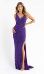 V-neck Sleeveless Cocktail Floor Length Sequined Slit Beaded Fitted Open-Back Hidden Back Zipper Sheath Natural Waistline Sheath Dress/Evening Dress with a Brush/Sweep Train