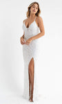 Sexy V-neck Plunging Neck Natural Waistline Cocktail Floor Length Sleeveless Spaghetti Strap Sheath Sheer Hidden Back Zipper Beaded Slit Sequined Fitted Open-Back Sheath Dress/Evening Dress with a Bru