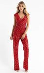 V-neck Back Zipper Beaded Sequined Cap Sleeves Natural Waistline Cocktail Jumpsuit