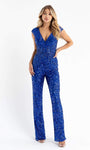 V-neck Natural Waistline Cap Sleeves Beaded Back Zipper Sequined Cocktail Jumpsuit