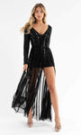 V-neck Cocktail Short Long Sleeves Natural Waistline Beaded Fitted Sheer Open-Back Sequined Back Zipper Applique Romper