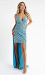V-neck Sleeveless Spaghetti Strap Cocktail Short Natural Waistline Open-Back Sequined Hidden Back Zipper Sheath Floral Print Plunging Neck Sheath Dress with a Brush/Sweep Train