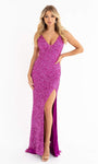 V-neck Lace-Up Open-Back Sequined Slit Back Zipper Goddess Natural Waistline Sheath Cocktail Sleeveless Sheath Dress with a Brush/Sweep Train