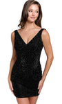 V-neck Sleeveless Embroidered Applique Fitted Open-Back Sequined Beaded Back Zipper Sheath Cocktail Above the Knee Natural Waistline Sheath Dress