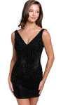 V-neck Cocktail Above the Knee Sheath Embroidered Open-Back Fitted Sequined Back Zipper Applique Beaded Sleeveless Natural Waistline Sheath Dress
