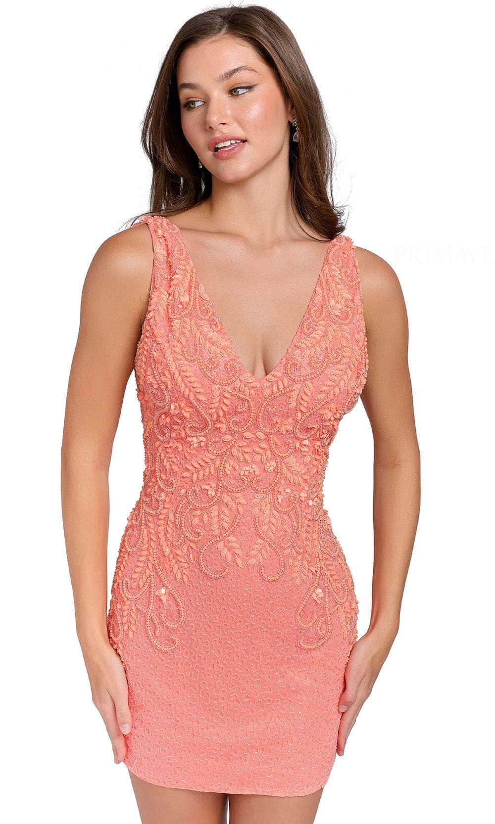 Primavera Couture 3807 - Bejeweled Appliqued V-Neck Cocktail Dress
