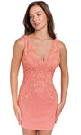 V-neck Sleeveless Natural Waistline V Back Applique Fitted Jeweled Beaded Back Zipper Plunging Neck Sheath Cocktail Short Sheath Dress