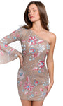 Short Fitted Asymmetric Sequined Sheath Bell Long Sleeves One Shoulder Floral Print Natural Waistline Sheath Dress