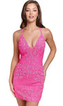 Sophisticated V-neck Cocktail Short Back Zipper Sequined Beaded Mesh Embroidered Fitted Open-Back Natural Waistline Sheath Sleeveless General Print Plunging Neck Sheath Dress
