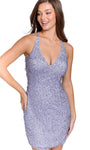 V-neck Fitted Open-Back Back Zipper Sequined Cocktail Above the Knee Sleeveless Sheath Natural Waistline Sheath Dress