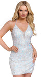 Sexy V-neck Sleeveless Sheath Beaded Open-Back Sheer Back Zipper Sequined Fitted Natural Waistline Plunging Neck Cocktail Above the Knee Sheath Dress/Party Dress