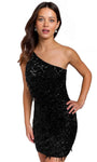 One Shoulder Sleeveless Cocktail Short Sequined Open-Back Beaded Fitted Cutout Asymmetric Back Zipper Sheath Natural Waistline Sheath Dress