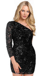 Cocktail Short Natural Waistline Long Sleeves One Shoulder Sheath Sequined Asymmetric Beaded Open-Back Cutout Back Zipper Sheath Dress