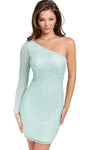 Sheath Open-Back Beaded Back Zipper Asymmetric Natural Waistline Long Sleeves One Shoulder Cocktail Short Sheath Dress