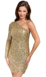 Sexy Sheath Natural Waistline Beaded Trim Asymmetric Slit Fitted Sequined Draped Back Zipper Open-Back Cocktail Short Long Sleeves One Shoulder Sheath Dress