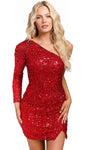 Sexy Long Sleeves One Shoulder Natural Waistline Sheath Beaded Trim Cocktail Short Draped Open-Back Slit Asymmetric Back Zipper Fitted Sequined Sheath Dress