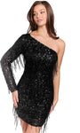 Cocktail Short Long Sleeves One Shoulder Sheath Natural Waistline Sequined Fitted Asymmetric Back Zipper Open-Back Beaded Sheath Dress