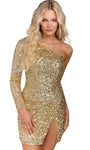 Glittering Asymmetric Slit Open-Back Faux Wrap Fitted Back Zipper Sequined Cocktail Above the Knee Sheath Long Sleeves One Shoulder Natural Waistline Sheath Dress