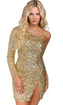 Cocktail Above the Knee Natural Waistline Sheath Back Zipper Fitted Slit Sequined Open-Back Glittering Faux Wrap Asymmetric Long Sleeves One Shoulder Sheath Dress