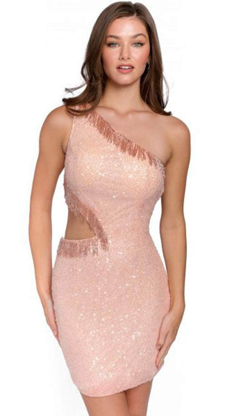 One Shoulder Sequined Beaded Asymmetric Fitted Cocktail Short Natural Waistline Sheath Sheath Dress