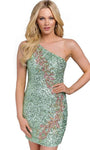 Sophisticated Floral Print Sheath Natural Waistline Sequined Asymmetric Fitted One Shoulder Cocktail Short Sheath Dress