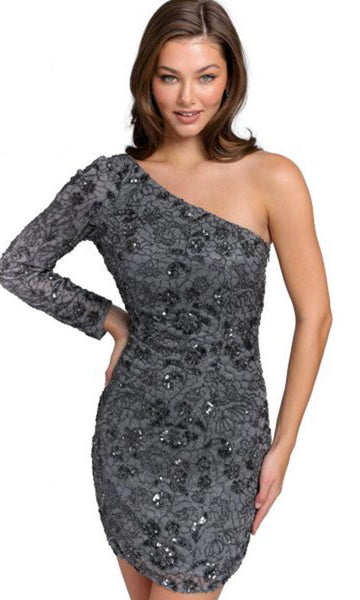 Sexy Sheath Cocktail Short Natural Waistline Beaded Mesh Asymmetric Sequined Open-Back Long Sleeves One Shoulder Sheath Dress/Party Dress