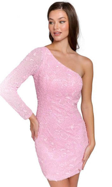 Sexy Sheath Natural Waistline Long Sleeves One Shoulder Asymmetric Sequined Beaded Open-Back Mesh Cocktail Short Sheath Dress/Party Dress