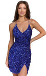 Sexy Sophisticated V-neck Cocktail Short Sheath Sleeveless Spaghetti Strap Natural Waistline Fitted Lace-Up Faux Wrap Sequined Back Zipper Slit Sheath Dress/Evening Dress