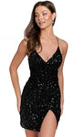 Sexy Sophisticated V-neck Cocktail Short Natural Waistline Sheath Sleeveless Spaghetti Strap Fitted Back Zipper Sequined Lace-Up Slit Faux Wrap Sheath Dress/Evening Dress