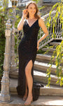 V-neck Natural Waistline V Back Beaded Back Zipper Sequined Slit Sheath Floor Length Sleeveless Sheath Dress/Prom Dress with a Brush/Sweep Train