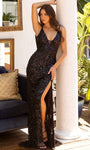 V-neck Spaghetti Strap Floor Length Sheath Fall Natural Waistline Plunging Neck Sheer Sequined Beaded Back Zipper Slit Sheath Dress/Prom Dress with a Brush/Sweep Train