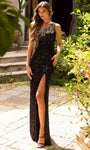 Beaded Open-Back Sequined Slit Asymmetric Back Zipper Sheath One Shoulder Sleeveless Natural Waistline Floor Length Sheath Dress/Evening Dress/Prom Dress with a Brush/Sweep Train