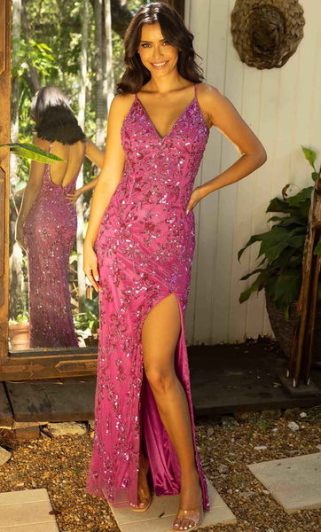 V-neck Beaded Back Zipper Sequined Slit Open-Back Sheath Spaghetti Strap Natural Waistline Floor Length Floral Print Sheath Dress/Prom Dress with a Brush/Sweep Train