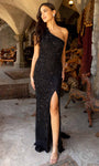 Floor Length One Shoulder Sheath Slit Sequined Open-Back Beaded Asymmetric Back Zipper Natural Waistline Sheath Dress/Evening Dress with a Brush/Sweep Train