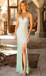 Sophisticated V-neck Sequined Slit Back Zipper Sheath Floor Length Natural Waistline Sleeveless Sheath Dress/Evening Dress/Prom Dress with a Brush/Sweep Train