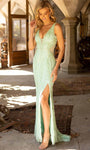 Sexy V-neck Sheath Plunging Neck Fitted Slit Beaded Back Zipper Sheer V Back Sequined Sleeveless Natural Waistline Sheath Dress/Evening Dress/Prom Dress with a Brush/Sweep Train