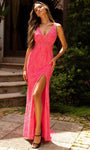 Sexy V-neck Plunging Neck Natural Waistline Back Zipper Sheer V Back Beaded Slit Fitted Sequined Sleeveless Sheath Sheath Dress/Evening Dress/Prom Dress with a Brush/Sweep Train