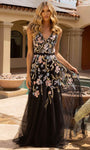 A-line V-neck Applique Beaded Sequined Tulle Floor Length Sleeveless Natural Waistline Floral Print Dress with a Brush/Sweep Train