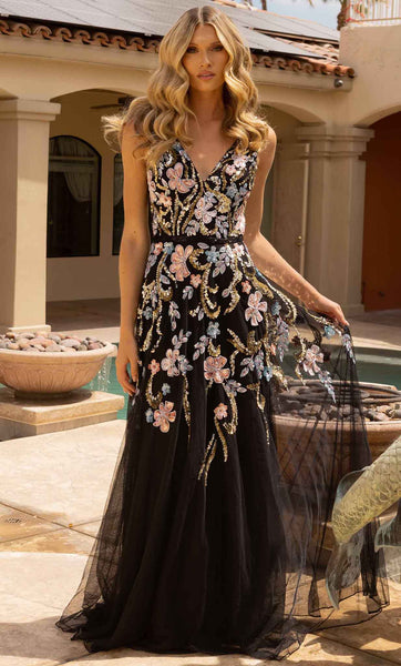 A-line V-neck Natural Waistline Floral Print Sleeveless Sequined Beaded Applique Floor Length Tulle Dress with a Brush/Sweep Train