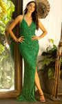 Sexy V-neck Sheath Spaghetti Strap Natural Waistline Sequined Back Zipper Open-Back Beaded Fitted Slit Sheath Dress/Prom Dress with a Brush/Sweep Train