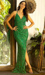 Sexy V-neck Spaghetti Strap Slit Fitted Back Zipper Open-Back Sequined Beaded Natural Waistline Sheath Sheath Dress/Prom Dress with a Brush/Sweep Train