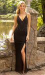 V-neck Sheath Floor Length Spaghetti Strap Open-Back Beaded Back Zipper Jeweled Slit Sequined Natural Waistline Sheath Dress/Prom Dress with a Brush/Sweep Train