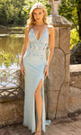 V-neck Sheath Beaded Open-Back Jeweled Sequined Slit Back Zipper Natural Waistline Spaghetti Strap Floor Length Sheath Dress/Prom Dress with a Brush/Sweep Train