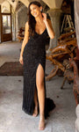 V-neck Natural Waistline Wrap Open-Back Ruched Slit Sequined Lace-Up Back Zipper Sleeveless Spaghetti Strap Sheath Sheath Dress/Prom Dress with a Brush/Sweep Train