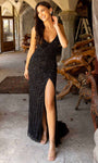 V-neck Lace-Up Sequined Wrap Slit Open-Back Ruched Back Zipper Natural Waistline Sleeveless Spaghetti Strap Sheath Sheath Dress/Prom Dress with a Brush/Sweep Train