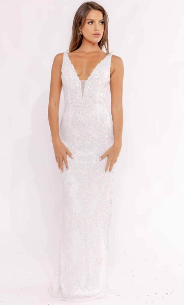 Sophisticated V-neck Plunging Neck Back Zipper Sheer Sequined V Back Fitted Slit Embroidered Sheath Natural Waistline Sleeveless Sheath Dress/Evening Dress with a Brush/Sweep Train