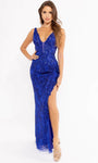 Sophisticated V-neck Sheath Embroidered V Back Fitted Sequined Slit Sheer Back Zipper Natural Waistline Sleeveless Plunging Neck Sheath Dress/Evening Dress with a Brush/Sweep Train