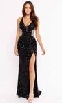 Sexy V-neck Floor Length Plunging Neck Sheath Slit Sequined Sheer Wrap Fitted Vintage Back Zipper Natural Waistline Sleeveless Sheath Dress/Prom Dress with a Brush/Sweep Train